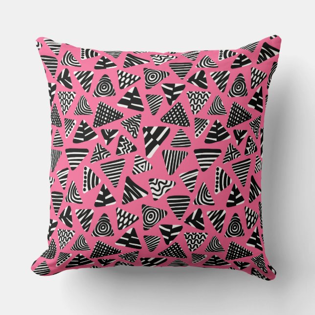 Triangles 240121 - Black and White on Deep Pink Cushion (Front)