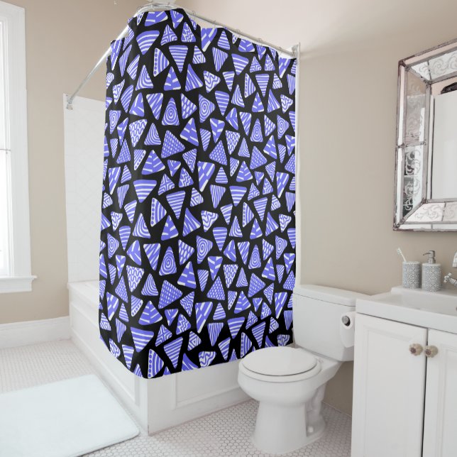 Triangles 240121 - Electric Blue and White on Blk Shower Curtain (In Situ)