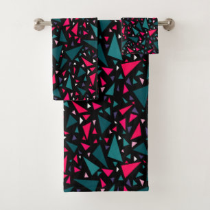 Triangles blue scarlet colours on black background bath towel set