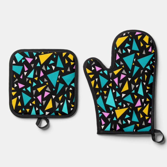 Triangles blue yellow colours on black background  oven mitt & pot holder set (Front)