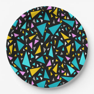 Triangles blue yellow colours on black background  paper plate