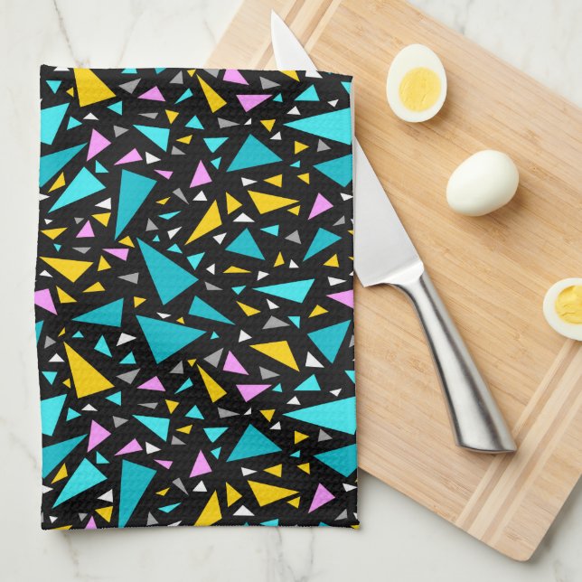 Triangles blue yellow colours on black background  tea towel (Quarter Fold)