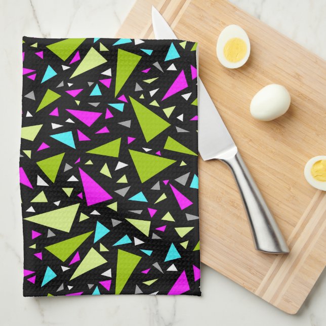 Triangles green crimson colours on black backgroun tea towel (Quarter Fold)