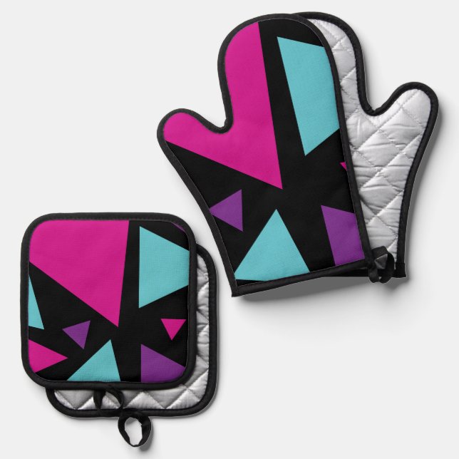 Triangles in Pink, Purple, Blue and Black Oven Mitt & Pot Holder Set (Front/Back)