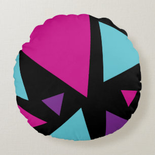 Triangles in Pink, Purple, Blue and Black Round Cushion