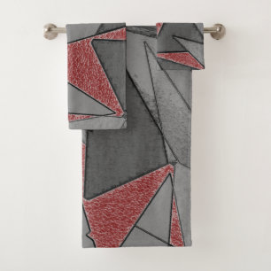 Triangular rough cutouts, over red background bath towel set