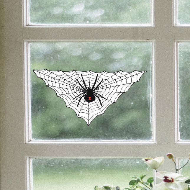 Triangular Spider Web Black Widow Red Hourglass Window Cling (black triangular spider web on white with black widow spider in center on Halloween window cling.)