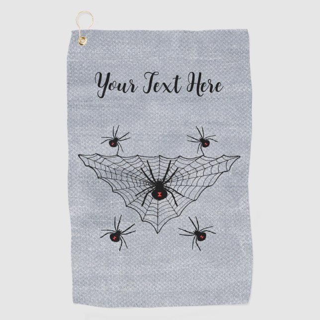 Triangular Web With Black Widow Spiders on White Golf Towel (Front)