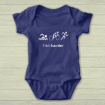 Triathlon fun text and pictograms sports baby bodysuit<br><div class="desc">A fun baby bodysuit for a budding triathlete. "I tri harder" is in white text,  with white pictograms for each discipline of the triathlon.</div>