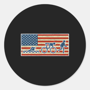 Triathlon Run Triathlete Biathlon Usa Flag Sports Classic Round Sticker