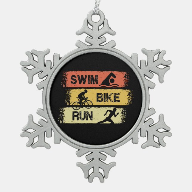 Triathlon - Swim Bike Run Snowflake Pewter Christmas Ornament (Front)