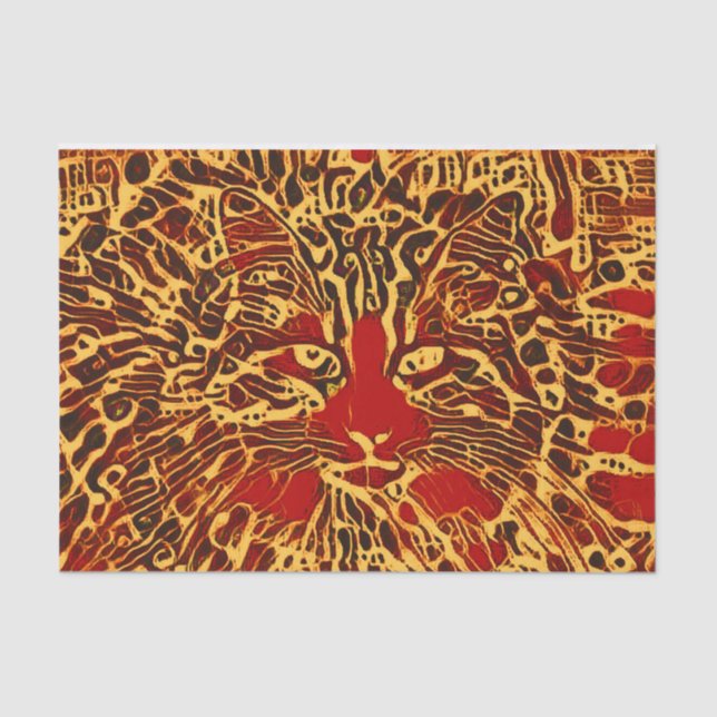 Tribal Abstract Tabby Cat Red Yellow Hippie Art Tissue Paper (Front)