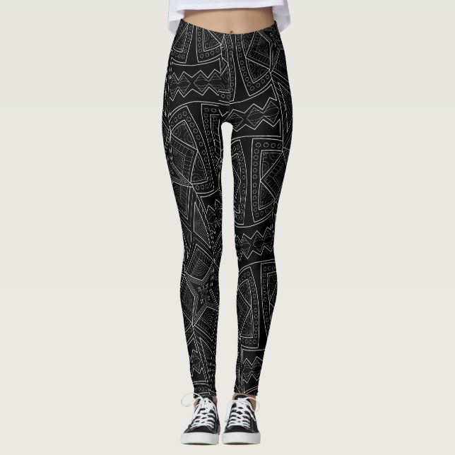 Tribal African Pattern Black and White Ethnic  Leggings (Front)