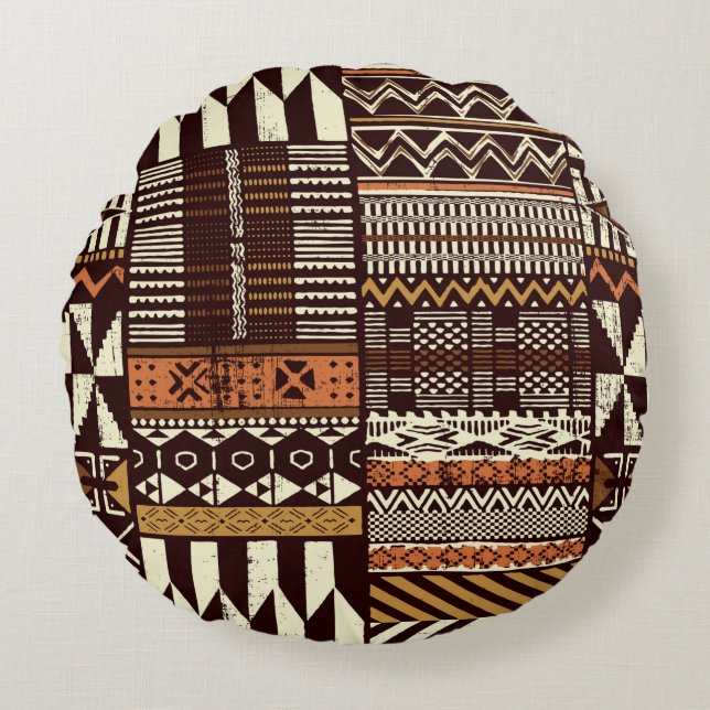 Tribal African style fabric patchwork abstract vin Round Cushion (Front)