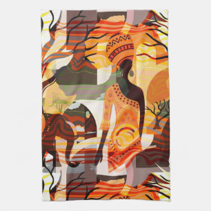 Tribal African Woman and Elephants Tea Towel