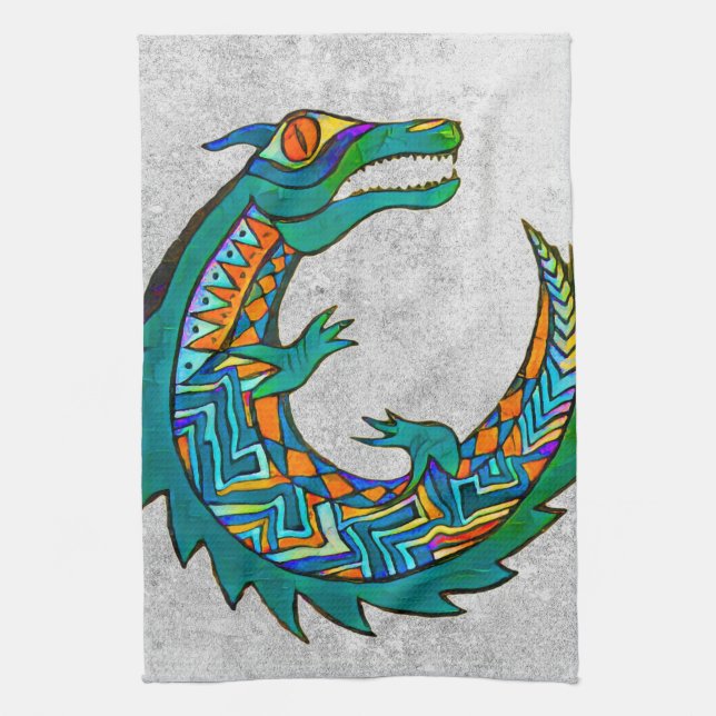 Tribal Alligator Art Tea Towel (Vertical)