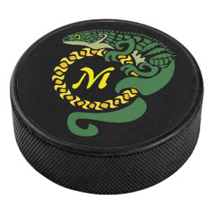Tribal Alligator Lizard Hugging a Sun Monogram Hockey Puck