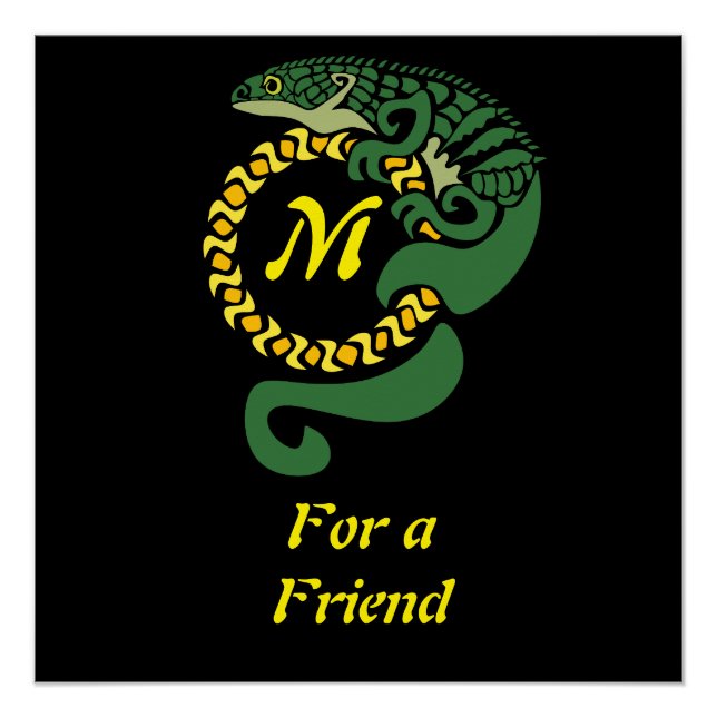 Tribal Alligator Lizard Hugging a Sun Monogram Poster (Front)