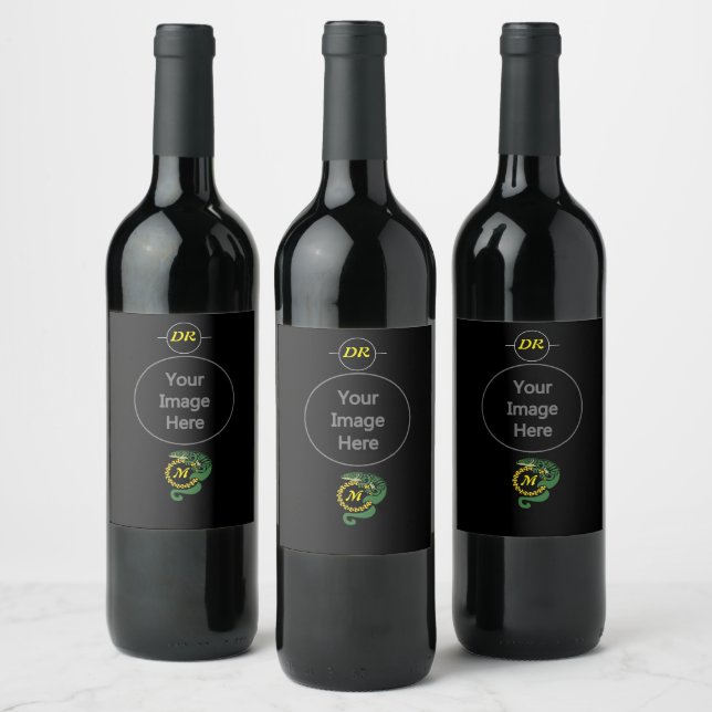 Tribal Alligator Lizard Hugging a Sun Monogram Wine Label (Bottles)