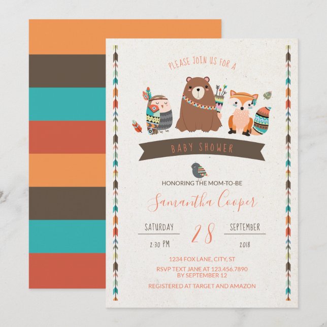 Tribal Animal Characters Baby Shower Invitation (Front/Back)