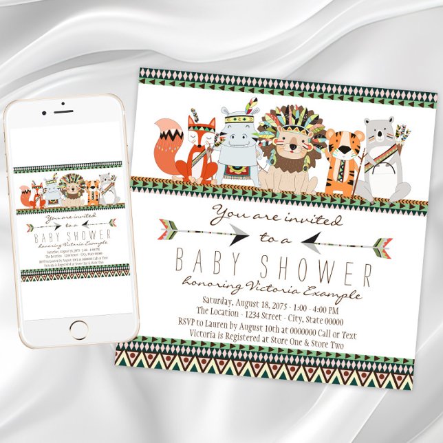 Tribal Animal Native Indian Baby Shower Invitation (Adorable tribal baby shower invitation. Instant download and printed invitations available.)