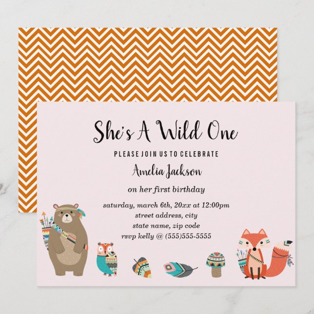 Tribal Animal She's A Wild One Birthday Invitation (Front/Back)
