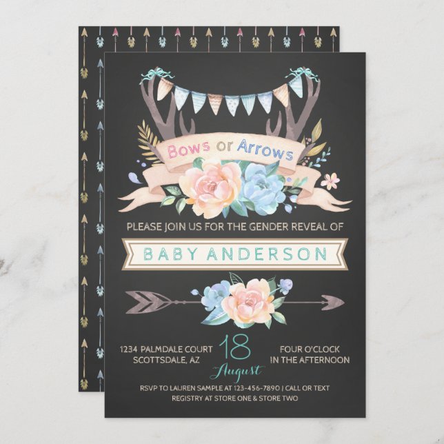 Tribal Antler Chalkboard Gender Reveal Invitations (Front/Back)