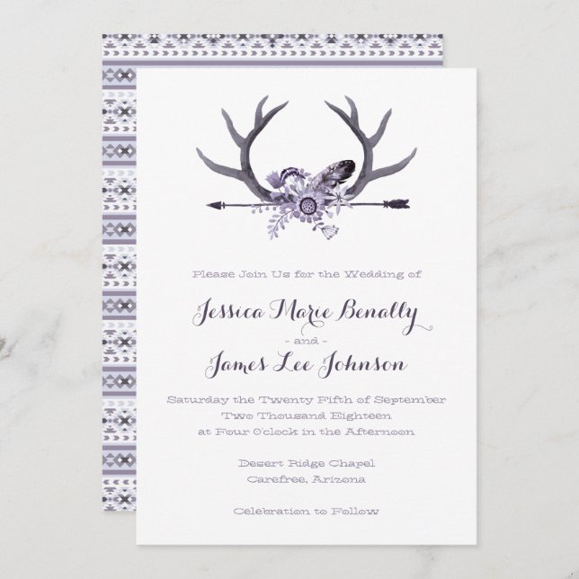 Tribal Arrow and Antlers Purple Invitation (Front/Back)