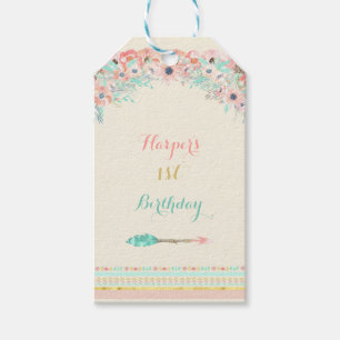 Tribal Arrow Feathers Flowers Pink Peach Mint Gift Tags