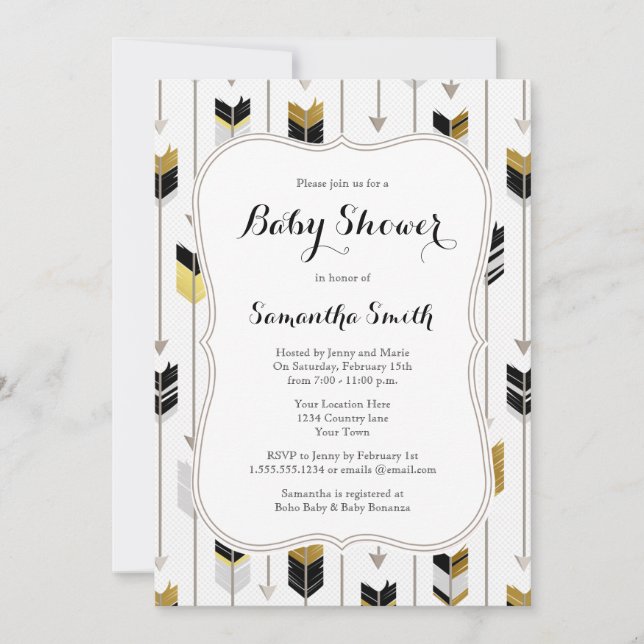 Tribal Arrows Baby Shower Black Gold Grey Invitation (Front)