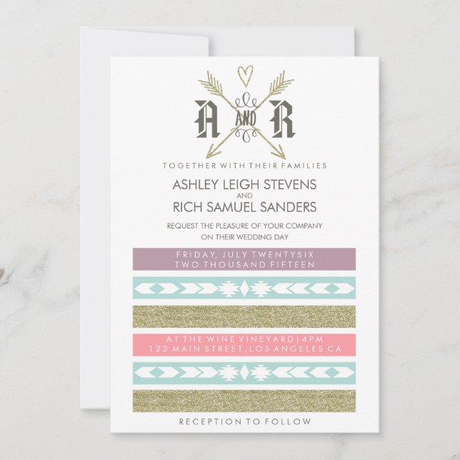 TRIBAL ARROWS | GOLD & MINT WEDDING INVITATION (Front)