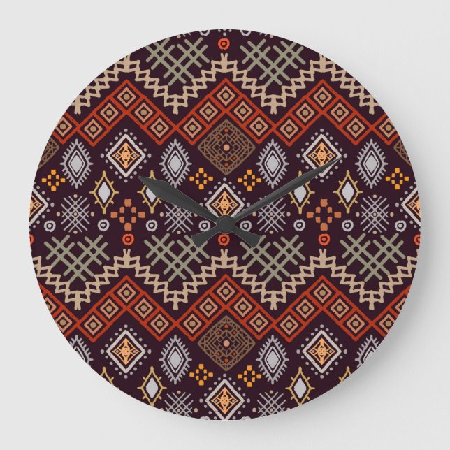 Tribal Art Boho Geometric Print Large Clock (Front)