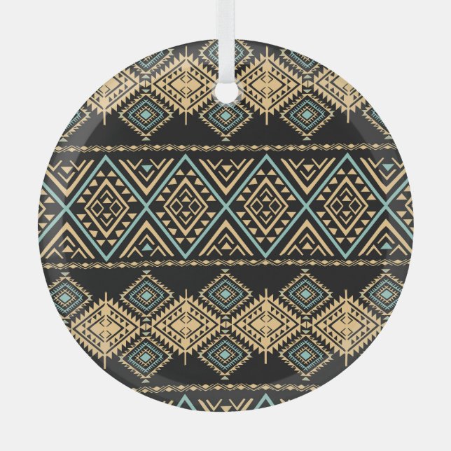 Tribal art, ethnic geometric, colourful pattern. glass tree decoration (Front)