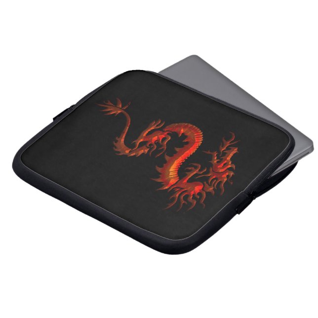 Tribal Asian Red Dragon on Black Laptop Sleeve (Front Top)