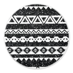 Tribal Aztec Black Glitter White Geometric Shapes Ceramic Knob