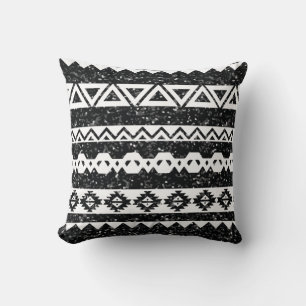 Tribal Aztec Black Glitter White Geometric Shapes Cushion
