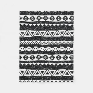 Tribal Aztec Black Glitter White Geometric Shapes Fleece Blanket