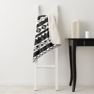 Tribal Aztec Black Glitter White Geometric Shapes Sherpa Blanket