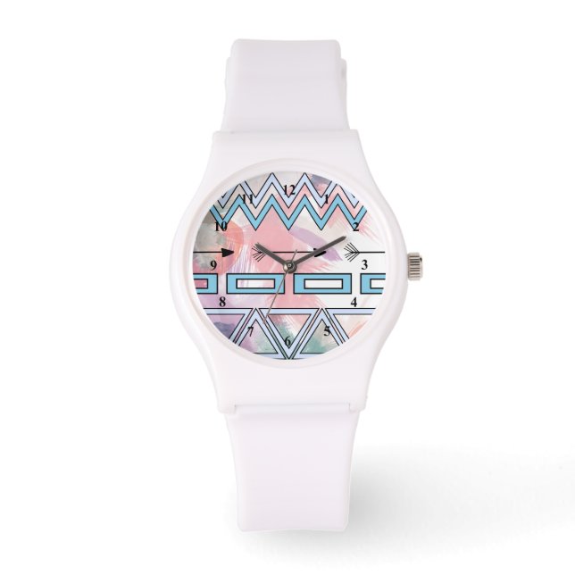 Tribal Aztec Geometric Art Watercolors Background Watch (Front)