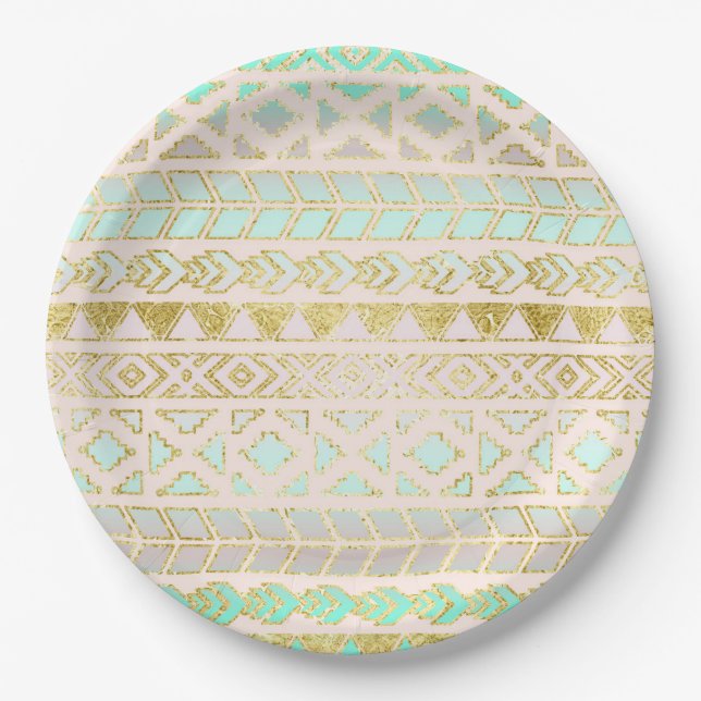 Tribal Aztec Mint and Gold Geometric Paper Plate (Front)