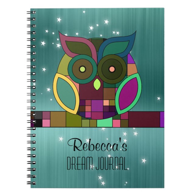Tribal Aztec Owl on Teal (Faux) Brushed Metal Notebook (Front)