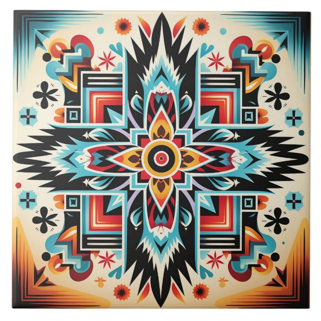 Tribal Aztec pattern geometric abstract colourful Tile (Front)