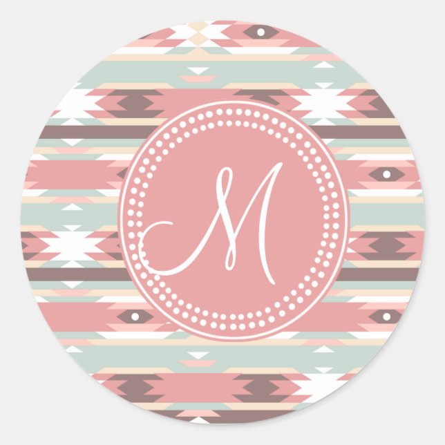Tribal Aztec Pink Monogram Pattern Classic Round Sticker (Front)