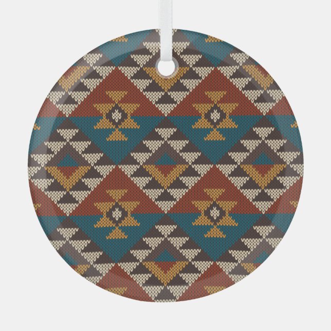 Tribal Aztec Wool Knitted Texture. Glass Tree Decoration (Front)