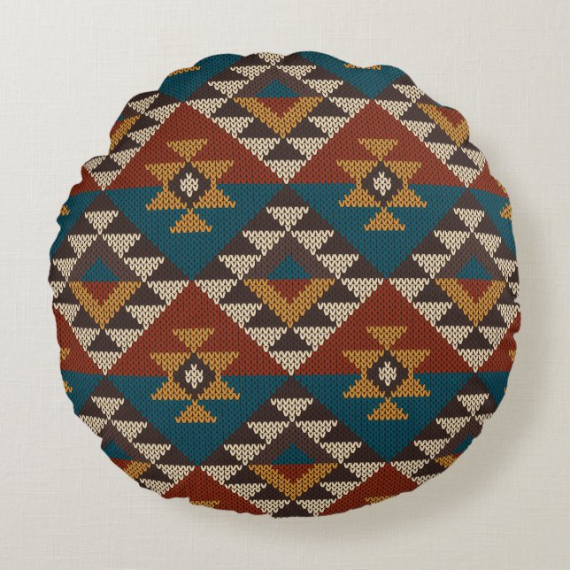 Tribal Aztec Wool Knitted Texture. Round Cushion (Front)