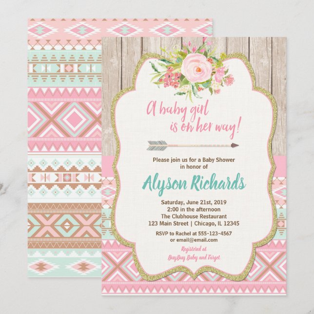 Tribal baby shower girl invitations pink gold teal (Front/Back)