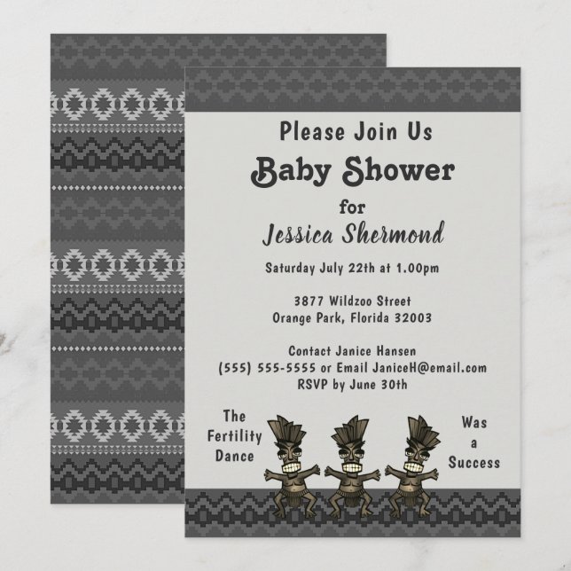Tribal Baby Shower Grey Abstract Fertility Dance Invitation (Front/Back)