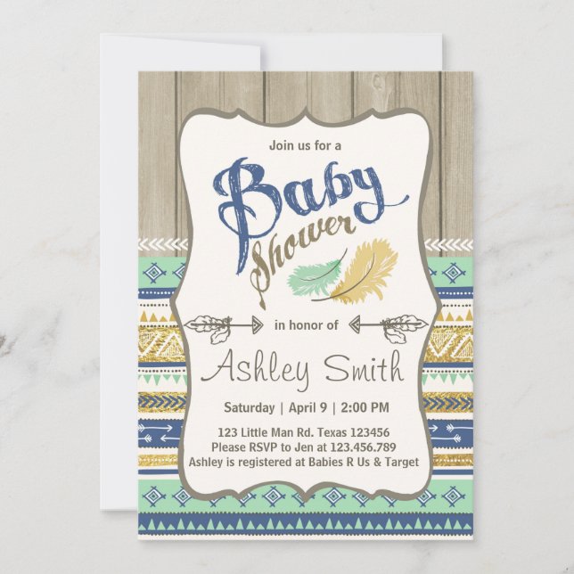 Tribal Baby Shower Rustic Baby Shower Blue Gold Invitation (Front)