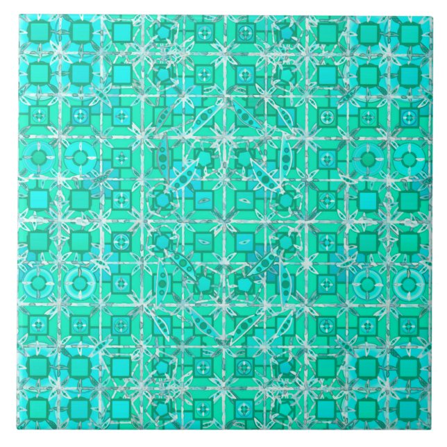 Tribal Batik - aqua and turquoise with white Tile (Front)