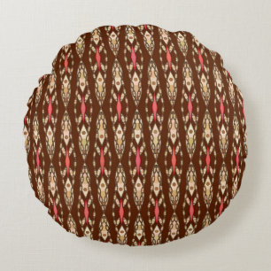 Tribal Batik - Brown, Tan and Coral Round Cushion